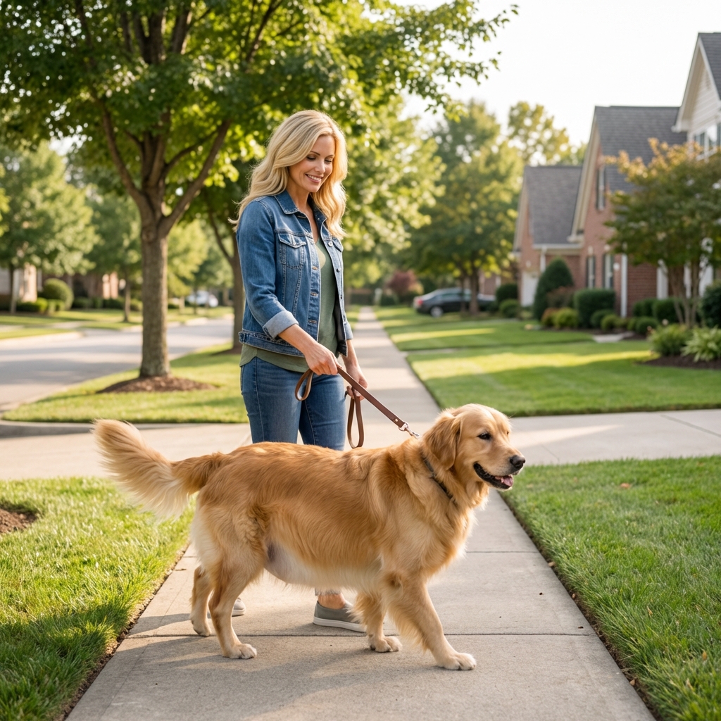 A pregnant dog walking calmly on a leash beside her owner on a quiet neighborhood sidewalk