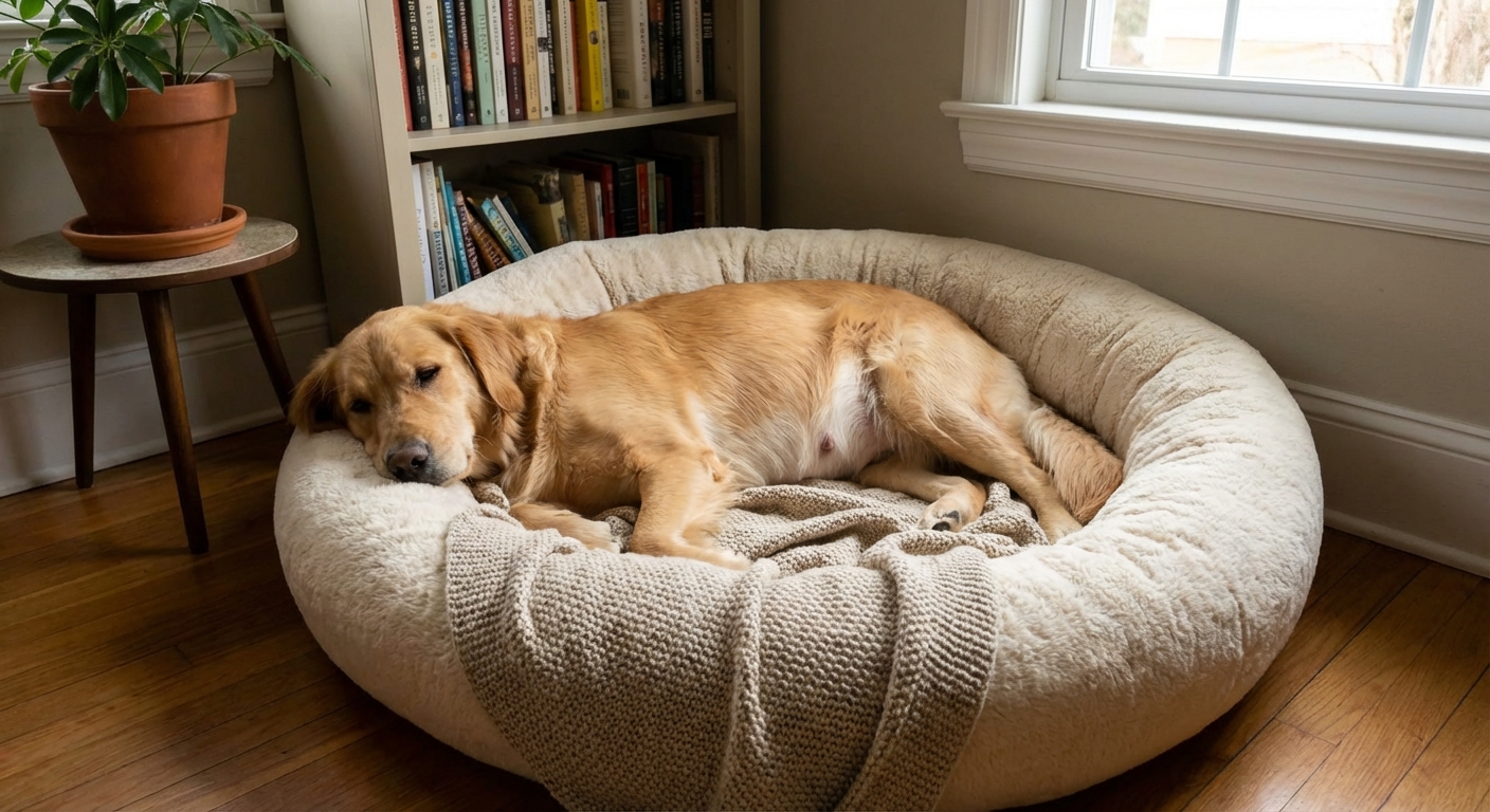 A pregnant female dog resting in a cozy bed in a quiet corner of a home