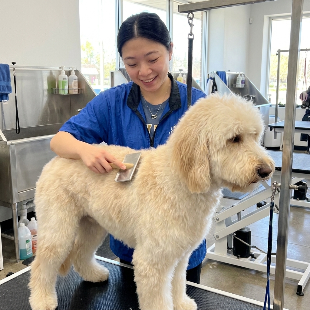 A professional dog groomer brushing a large doodle on a grooming table in a bright grooming salon, real photo