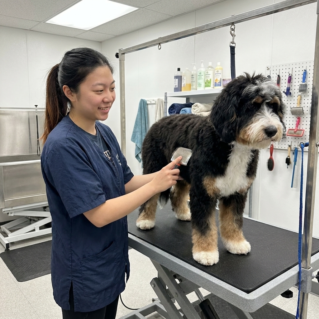 A professional dog groomer gently brushing a Bernedoodle's wavy coat on a grooming table in a clean salon, realistic photo