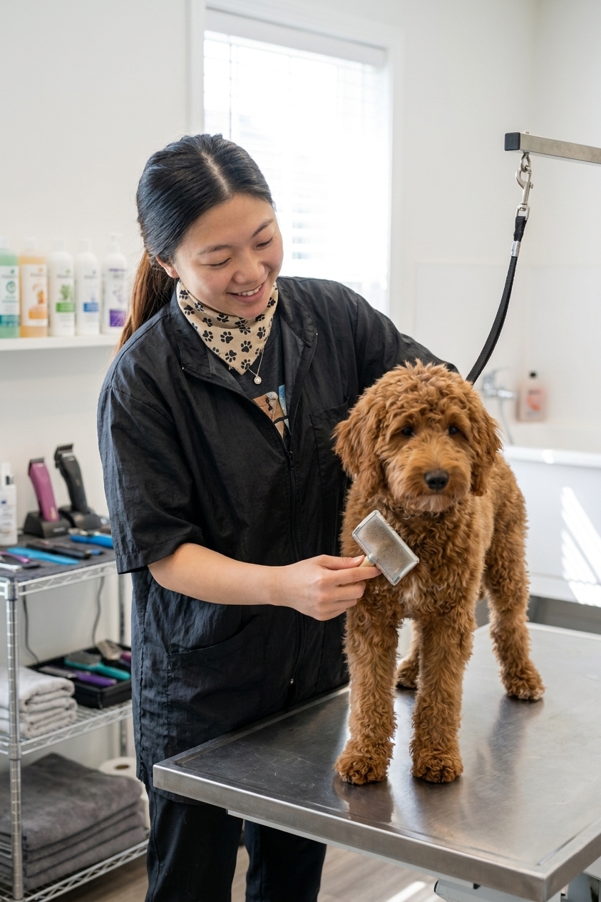 A professional dog groomer gently brushing a curly-coated doodle on a grooming table in a clean salon, real photo style