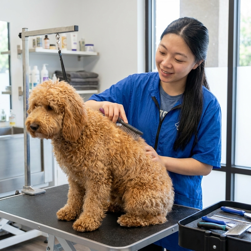 A professional dog groomer gently brushing a curly-coated doodle on a grooming table in a clean salon, real photography style