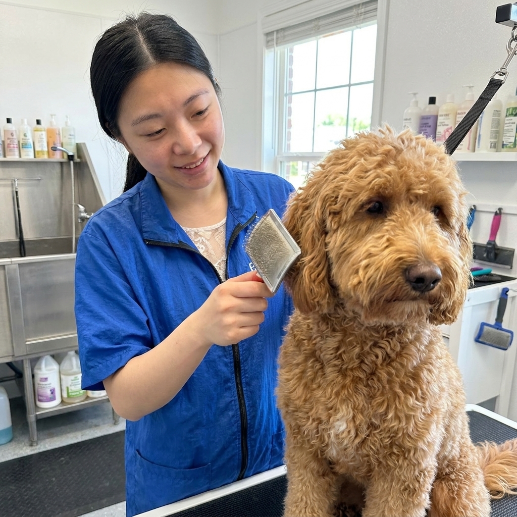 A professional dog groomer gently brushing a curly-coated doodle on a grooming table in a clean salon, candid photo