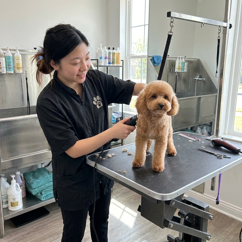 A professional dog groomer gently trimming a small poodle mix on a grooming table in a clean salon, realistic photography