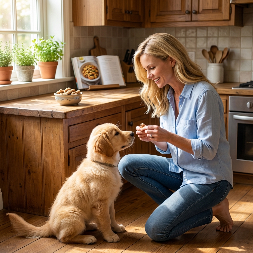 A puppy and owner training in a quiet kitchen corner with a small bowl of treats on the counter