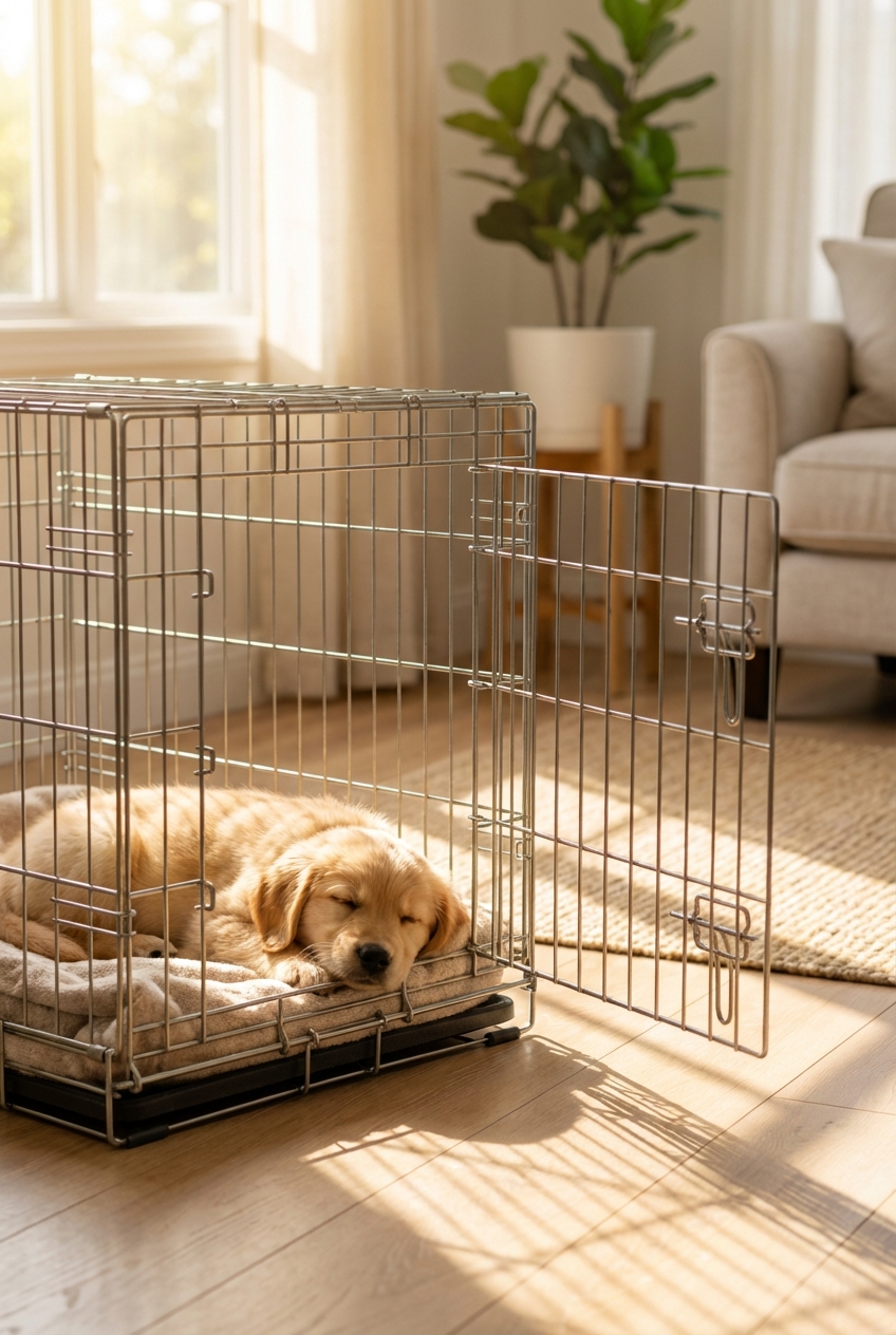 A puppy asleep in a crate with the door open while sunlight comes through a nearby window