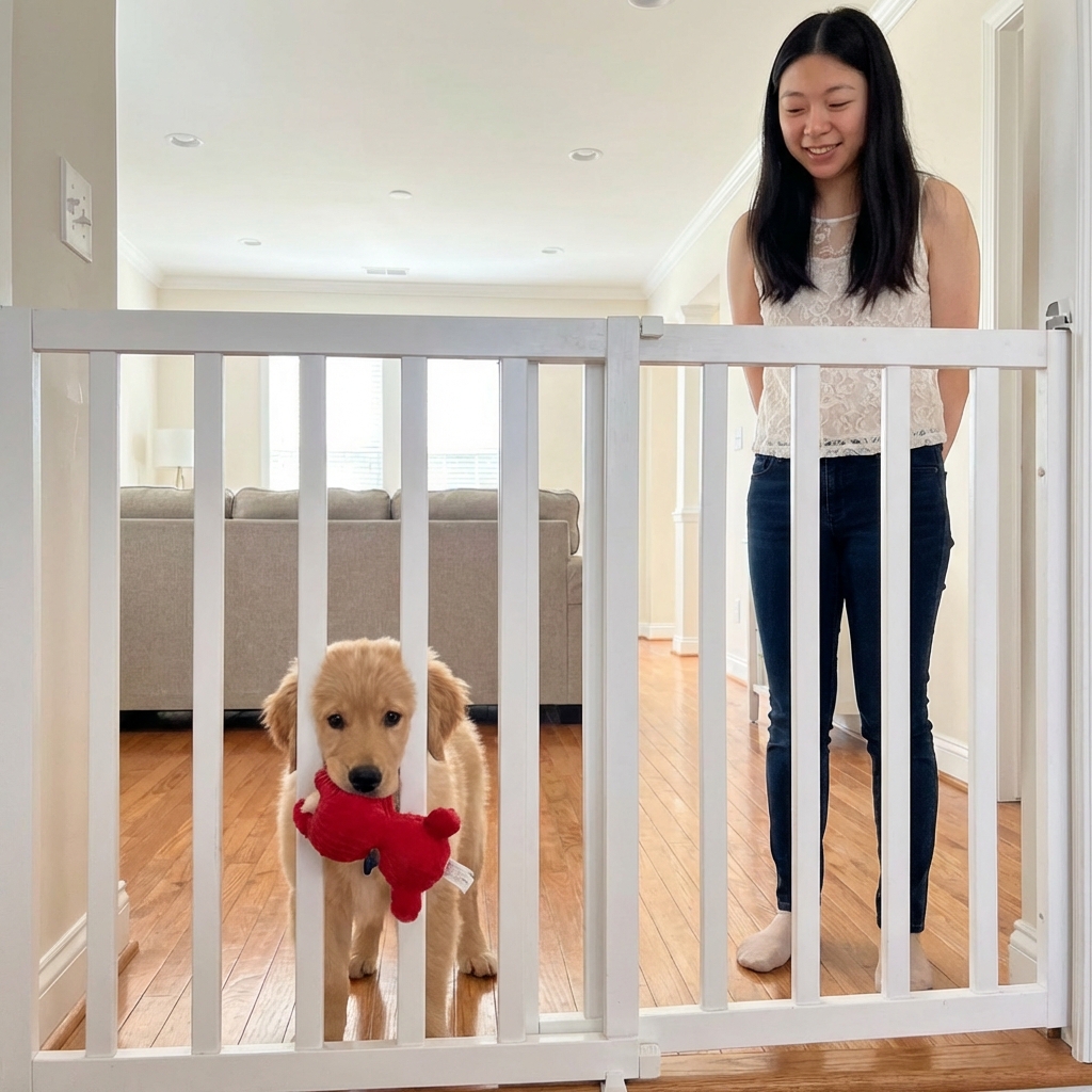 A puppy behind a baby gate chewing a stuffed rubber toy while an owner stands calmly nearby