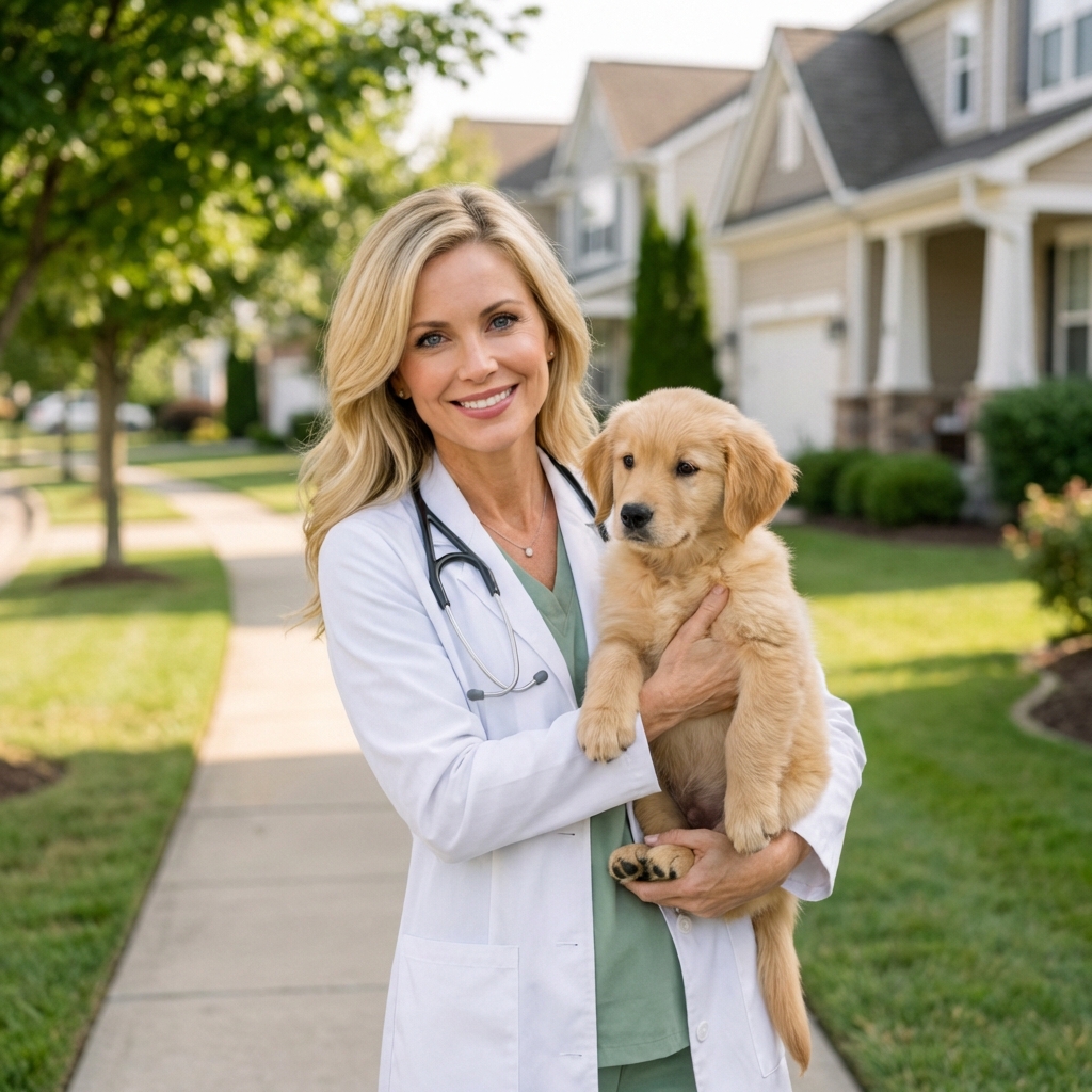 A puppy being carried in an owner's arms outside on a neighborhood sidewalk