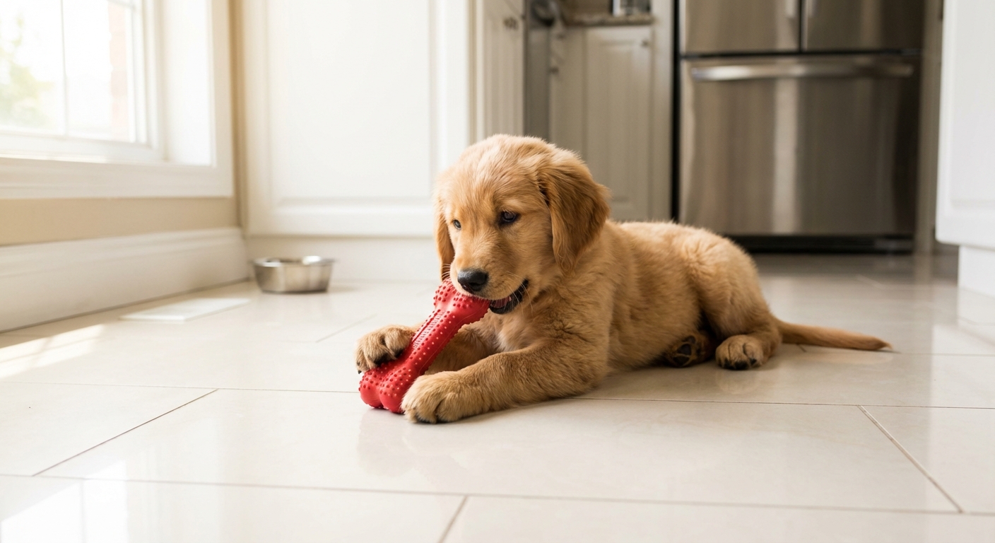 A puppy calmly chewing a rubber chew toy on a clean kitchen floor