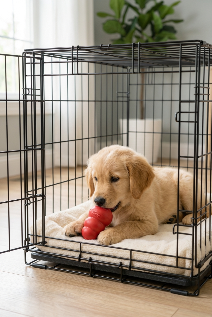 A puppy calmly chewing a safe rubber treat toy while lying inside an open crate during the day