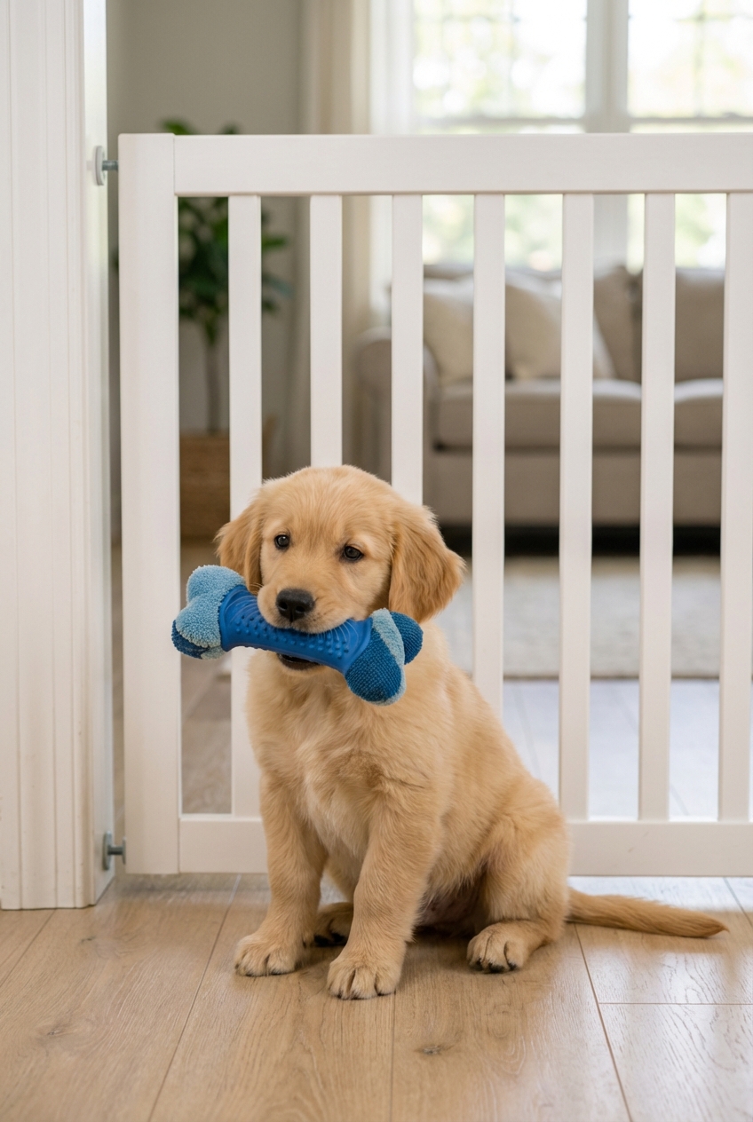 A puppy calmly chewing a stuffed rubber toy while sitting near an indoor baby gate