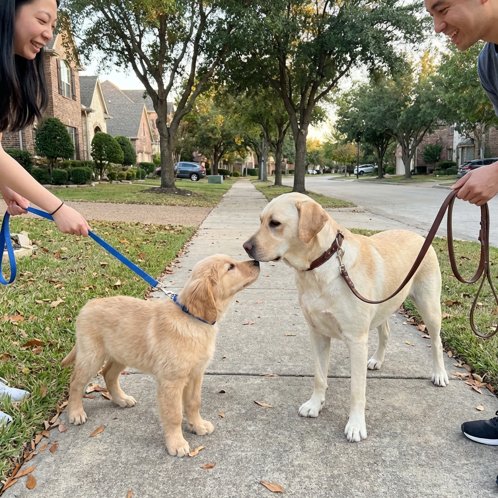 A puppy calmly meeting an adult dog on leashes in a quiet neighborhood sidewalk