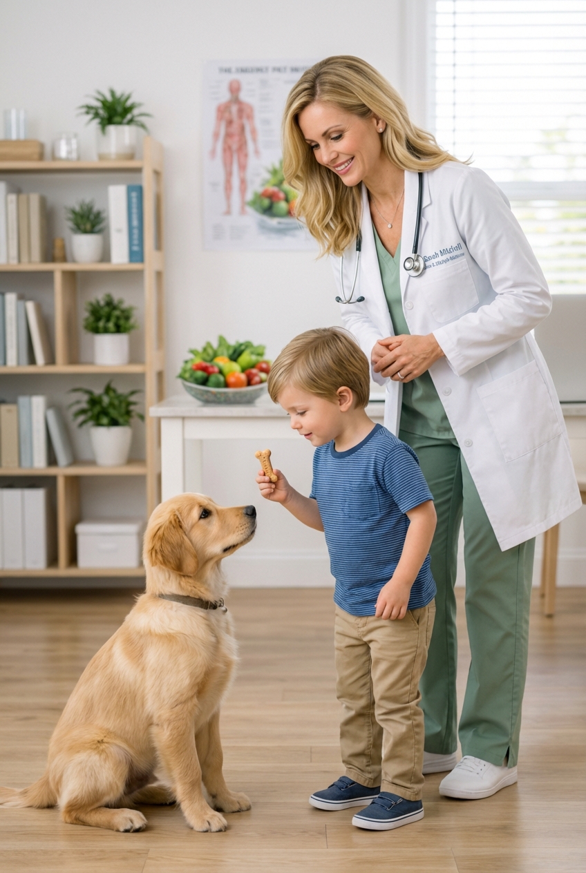 A puppy calmly sitting near a child who is holding a treat with an adult supervising