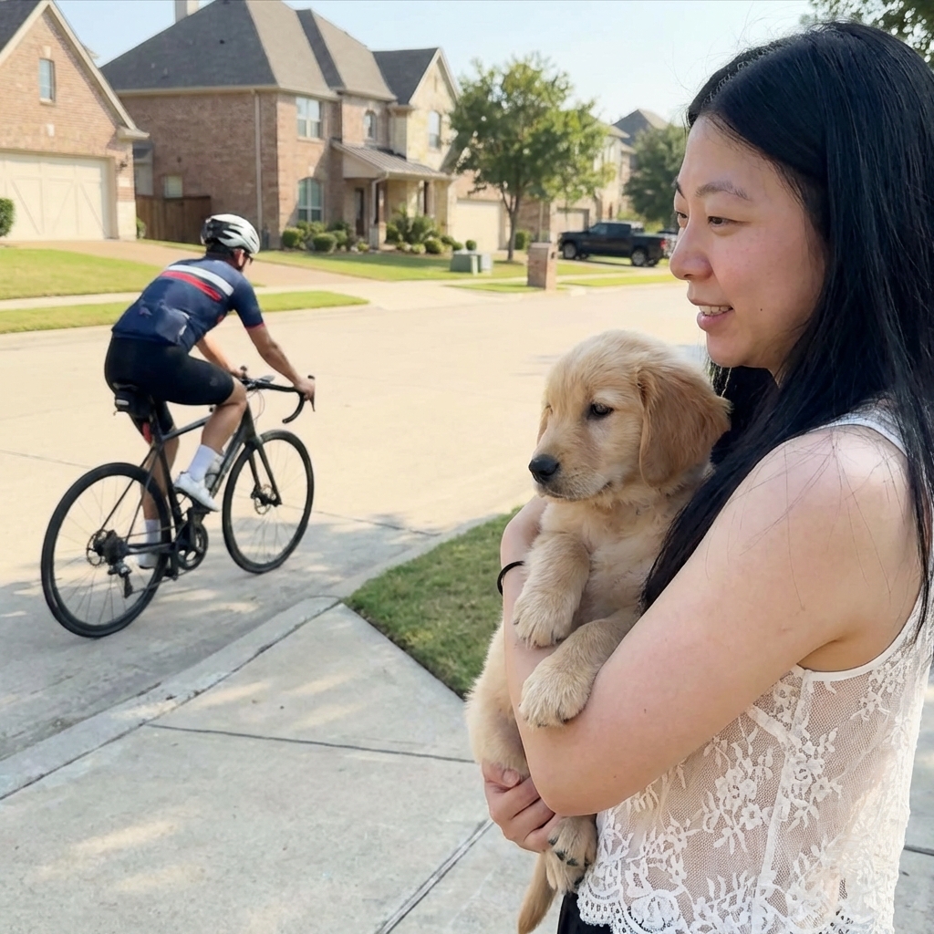 A puppy calmly watching a cyclist pass by while being held in an owner's arms