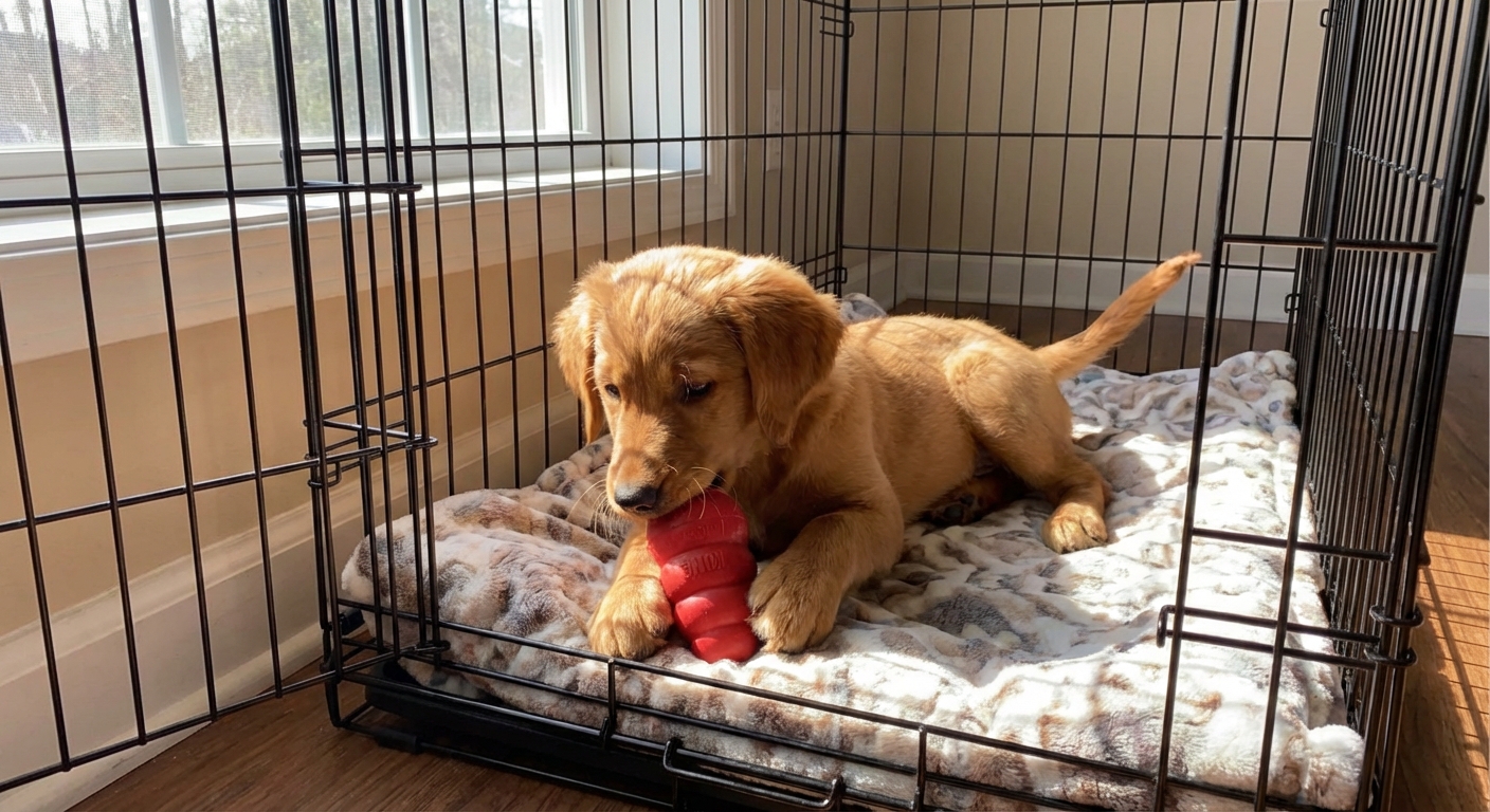 A puppy chewing a rubber food toy while lying inside a crate during the daytime