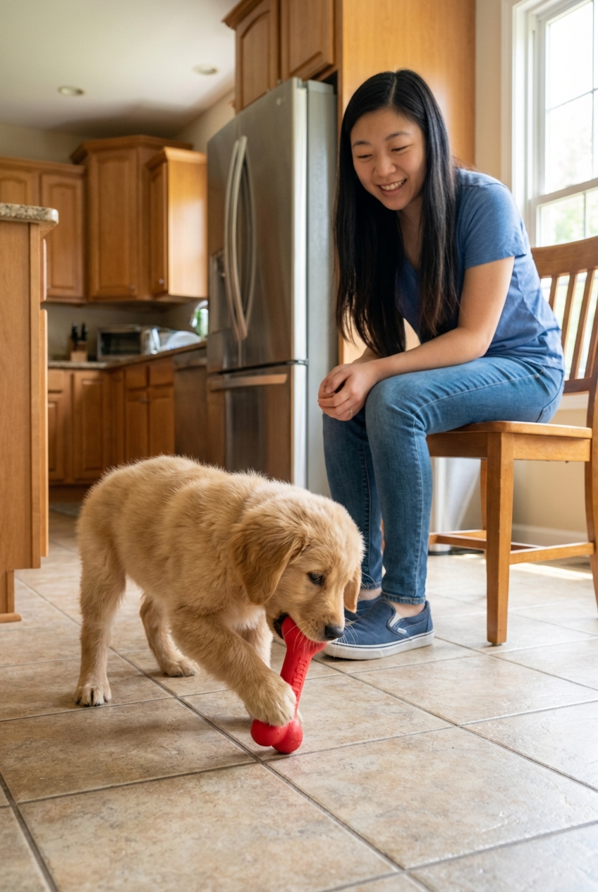 A puppy chewing a rubber toy on a kitchen floor while an owner watches nearby