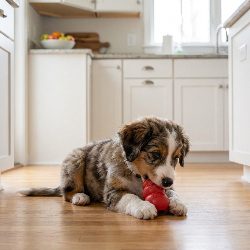 A puppy chewing a rubber toy while sitting calmly on a kitchen floor
