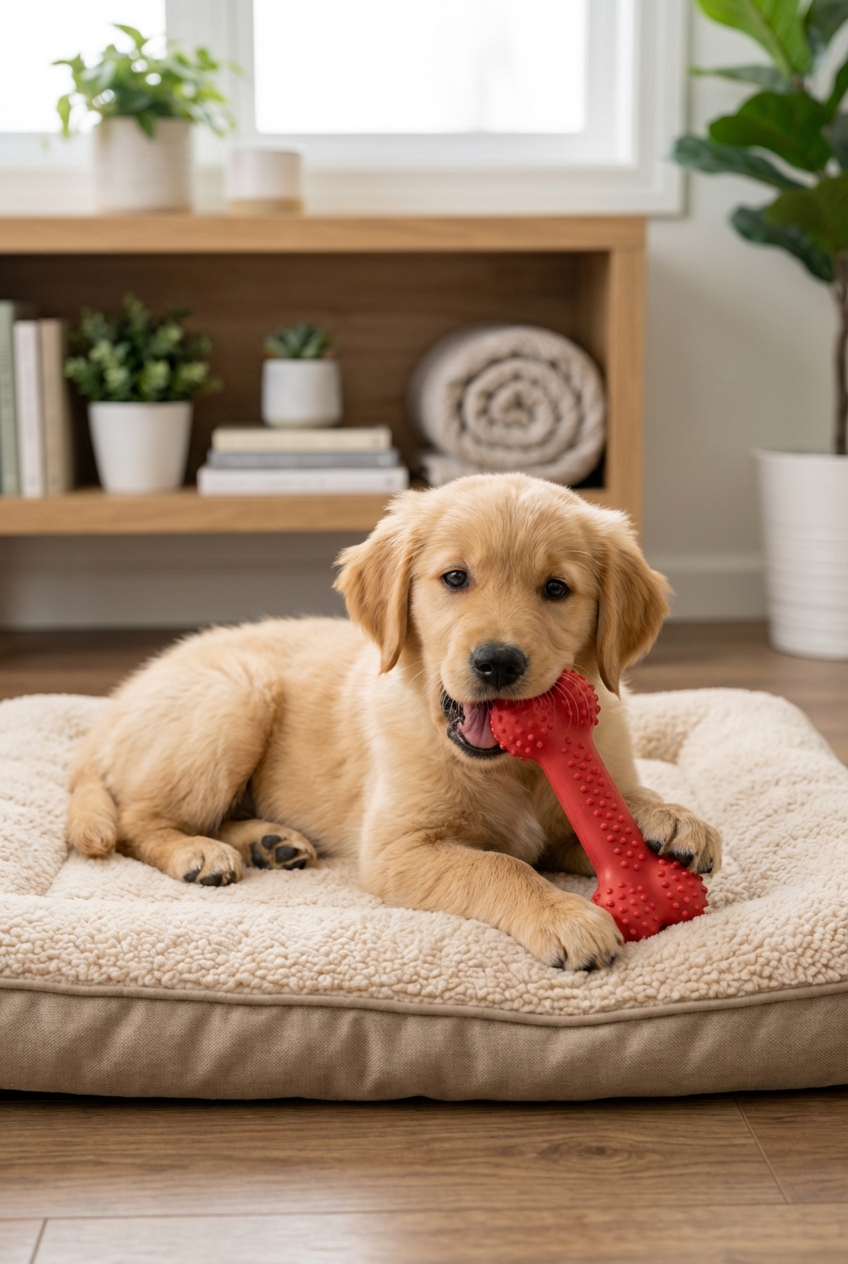 A puppy chewing a safe rubber toy while lying on a crate mat