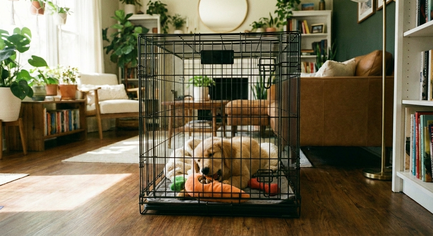 A puppy chewing a stuffed food toy while lying relaxed inside a crate with the door closed