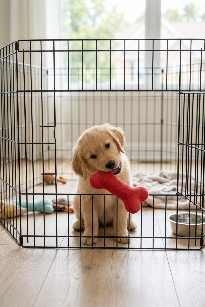 A puppy chewing a stuffed rubber toy inside a playpen