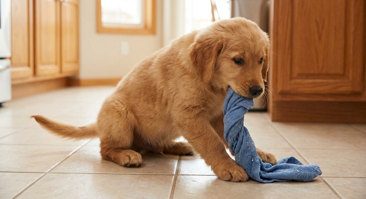 A puppy chewing on a chilled damp washcloth on a kitchen floor