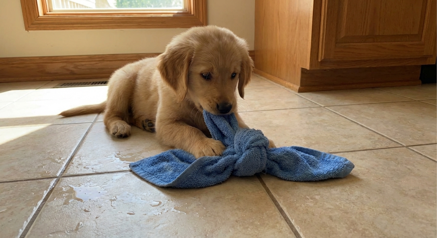 A puppy chewing on a knotted damp washcloth on a kitchen tile floor