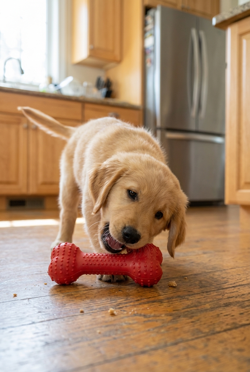 A puppy chewing on a rubber chew toy on a kitchen floor