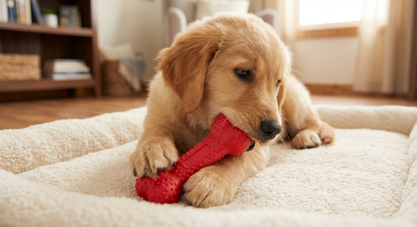 A puppy chewing on a rubber chew toy while lying on a dog bed