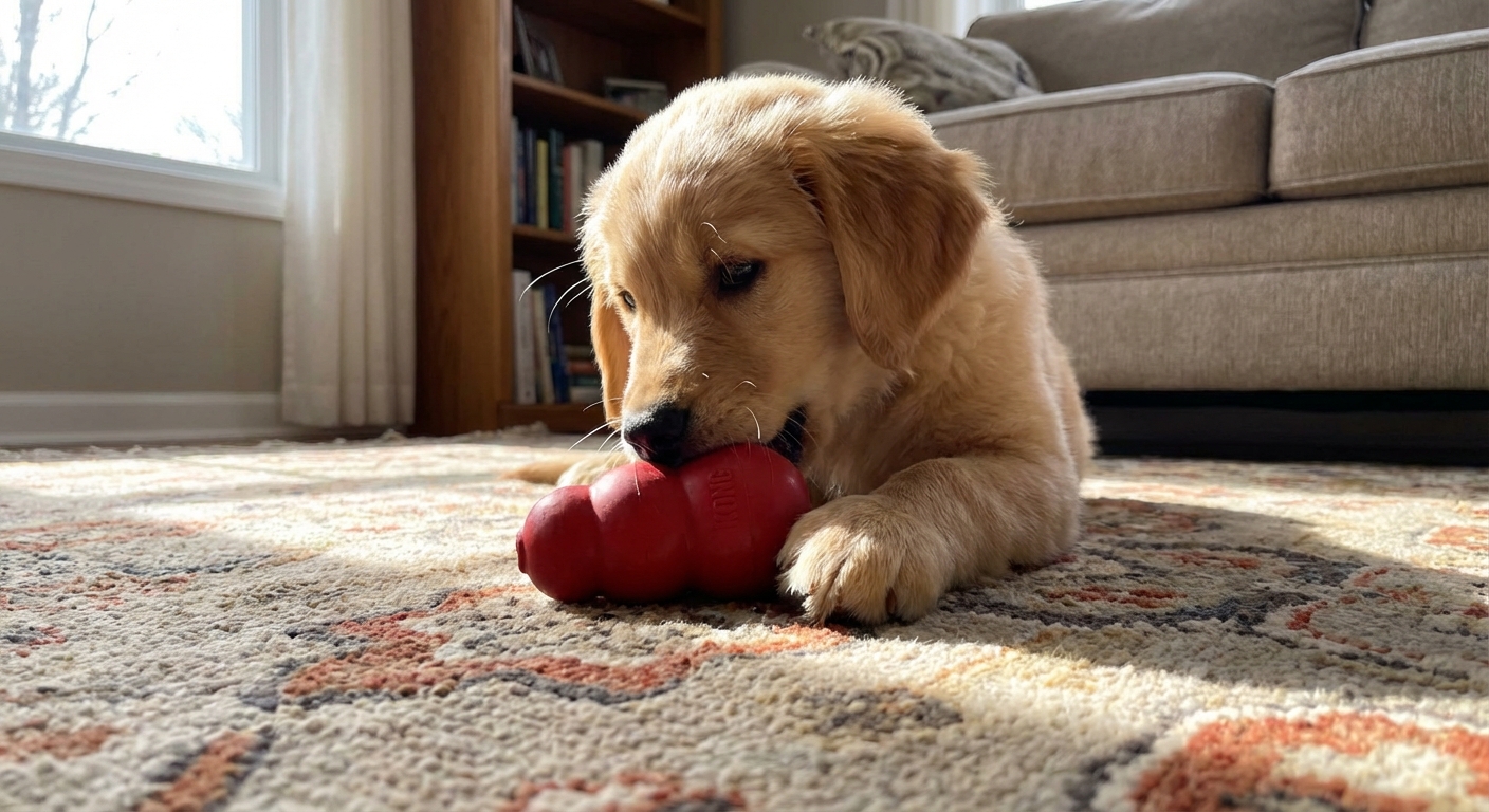 A puppy chewing on a rubber toy on a living room rug