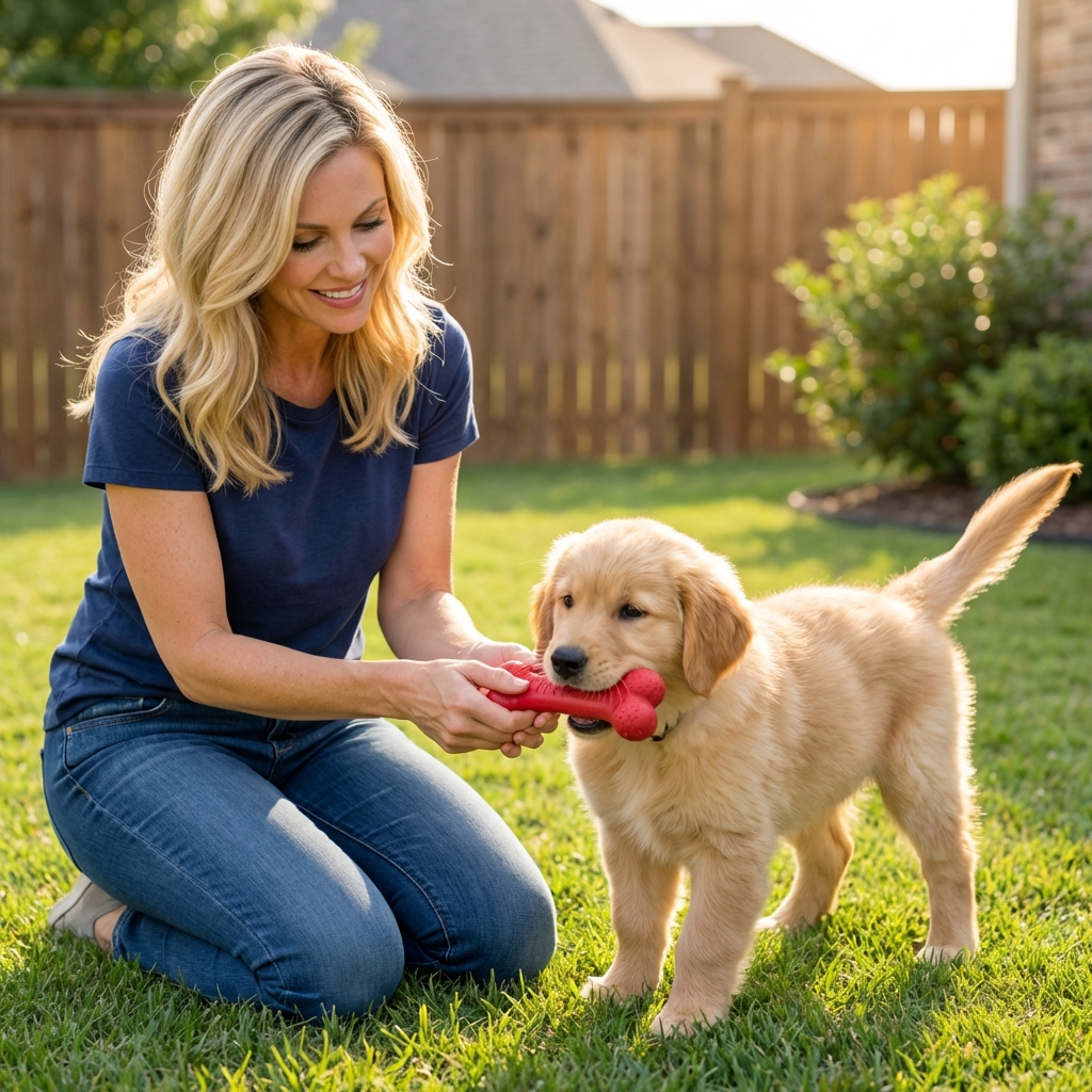 A puppy chewing on a rubber toy while an owner holds the toy gently