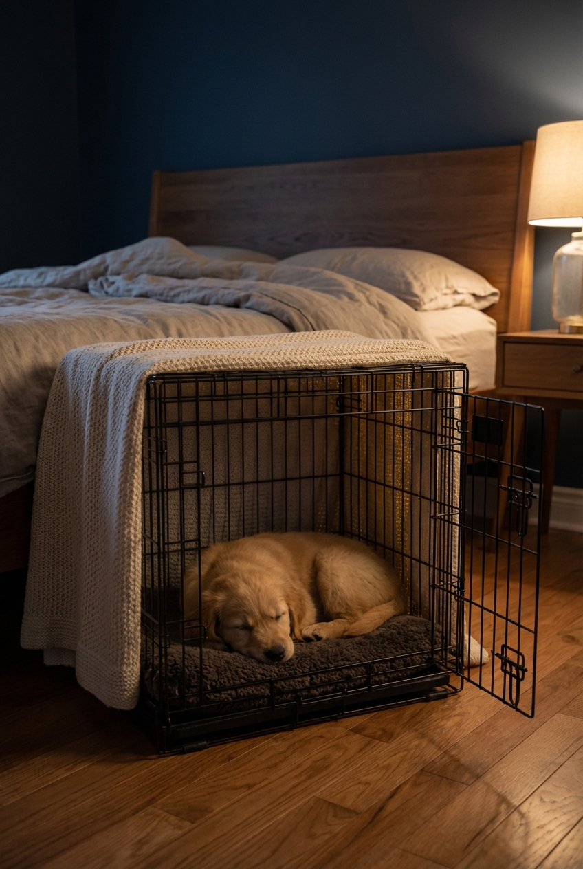 A puppy crate beside a bed in a dim room with a light blanket partially covering the crate
