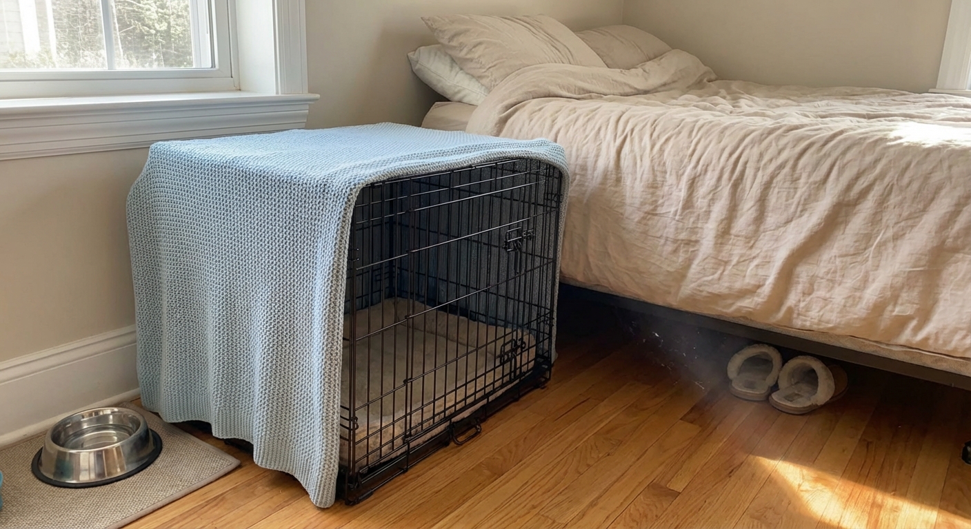 A puppy crate beside a bed with a light blanket covering two sides and a small water bowl nearby