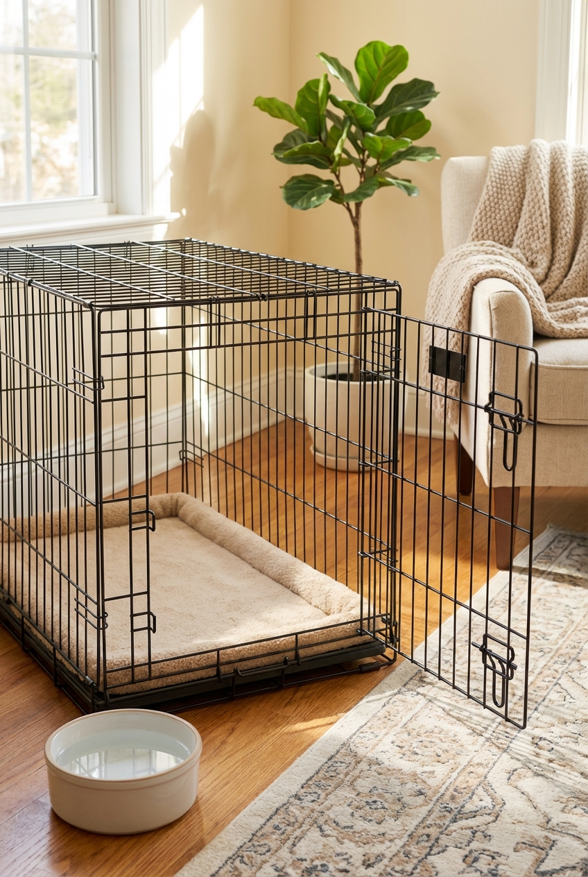A puppy crate in a living room corner with the door open, a simple mat inside, and a water bowl placed nearby