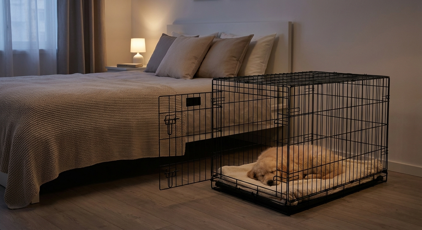 A puppy crate placed beside a bed in a calm, dimly lit bedroom