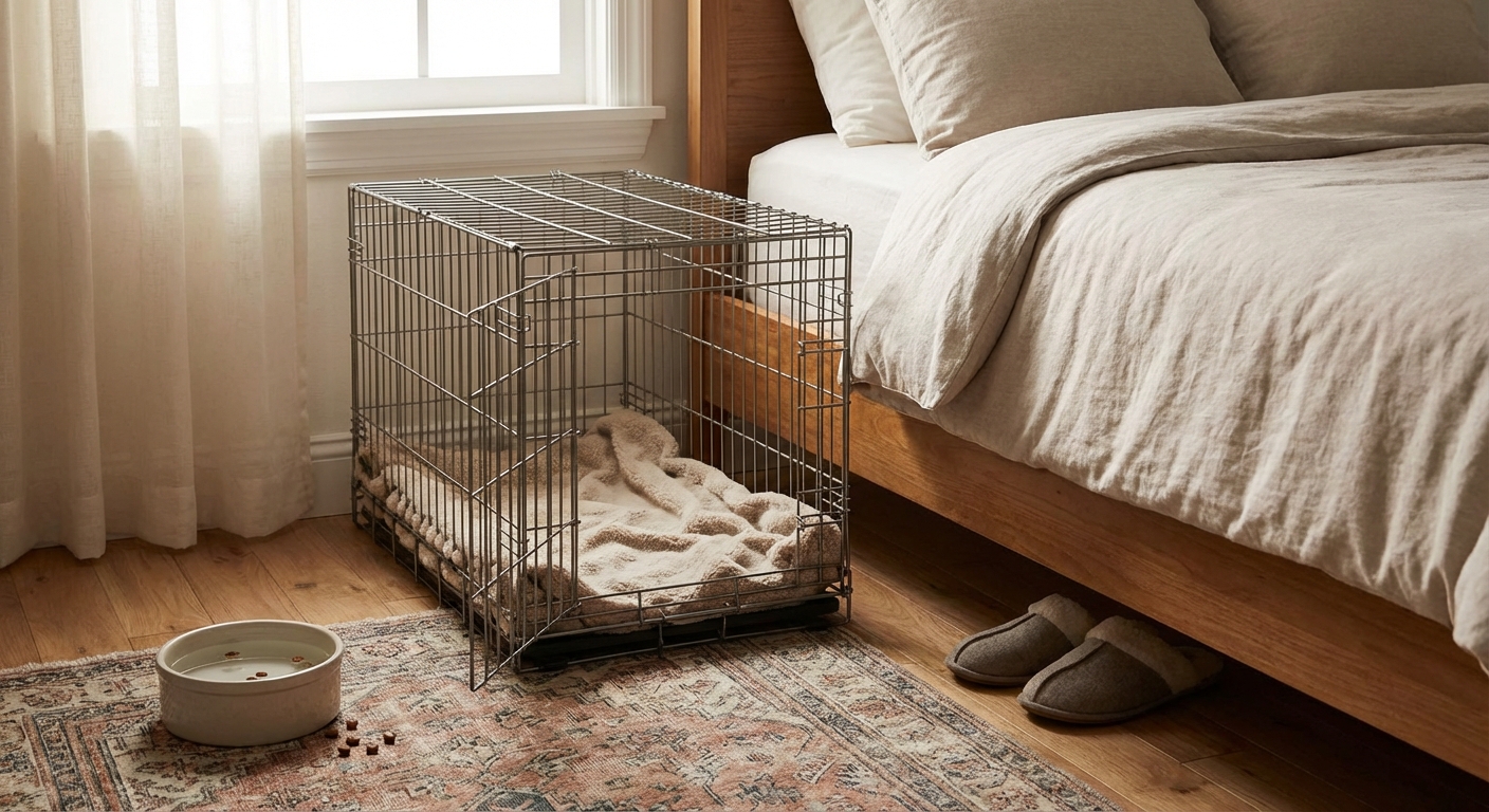 A puppy crate placed next to a bed with a water bowl nearby on the floor