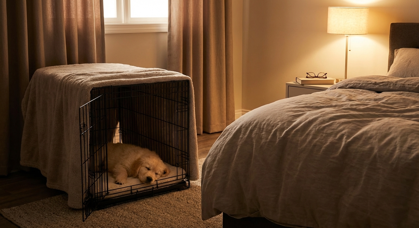 A puppy crate set beside a bed in a dim, peaceful bedroom