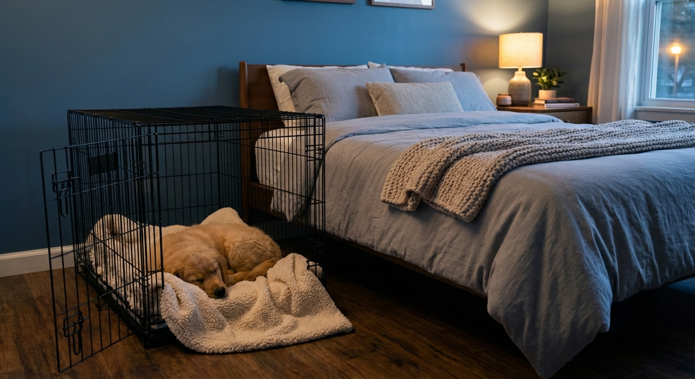 A puppy crate set beside a bed in a dimly lit bedroom with a soft blanket inside