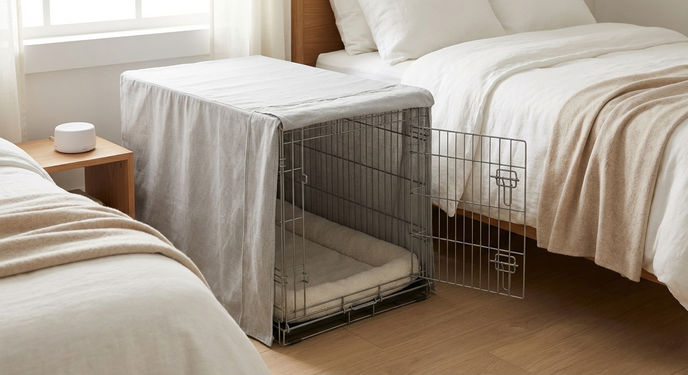 A puppy crate set beside a bed with a breathable cover and a small white noise machine nearby
