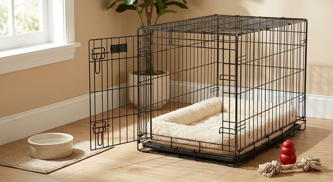 A puppy crate set up in a quiet corner with a bed, water bowl, and a couple of chew toys