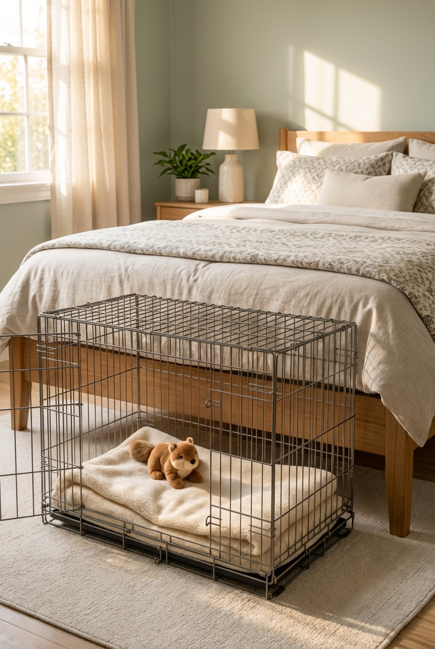 A puppy crate set up next to a bed with a blanket and a small stuffed toy