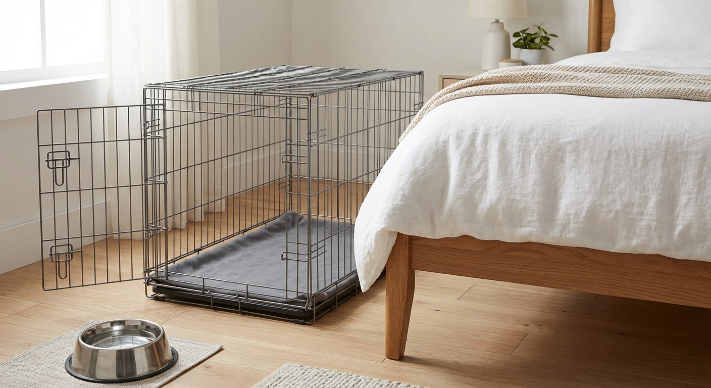 A puppy crate set up with a simple mat, water nearby outside the crate, and the crate positioned next to a bed