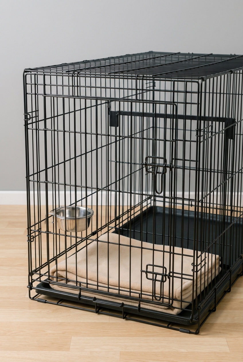 A puppy crate with a divider panel, a water bowl attached to the side, and a small blanket inside