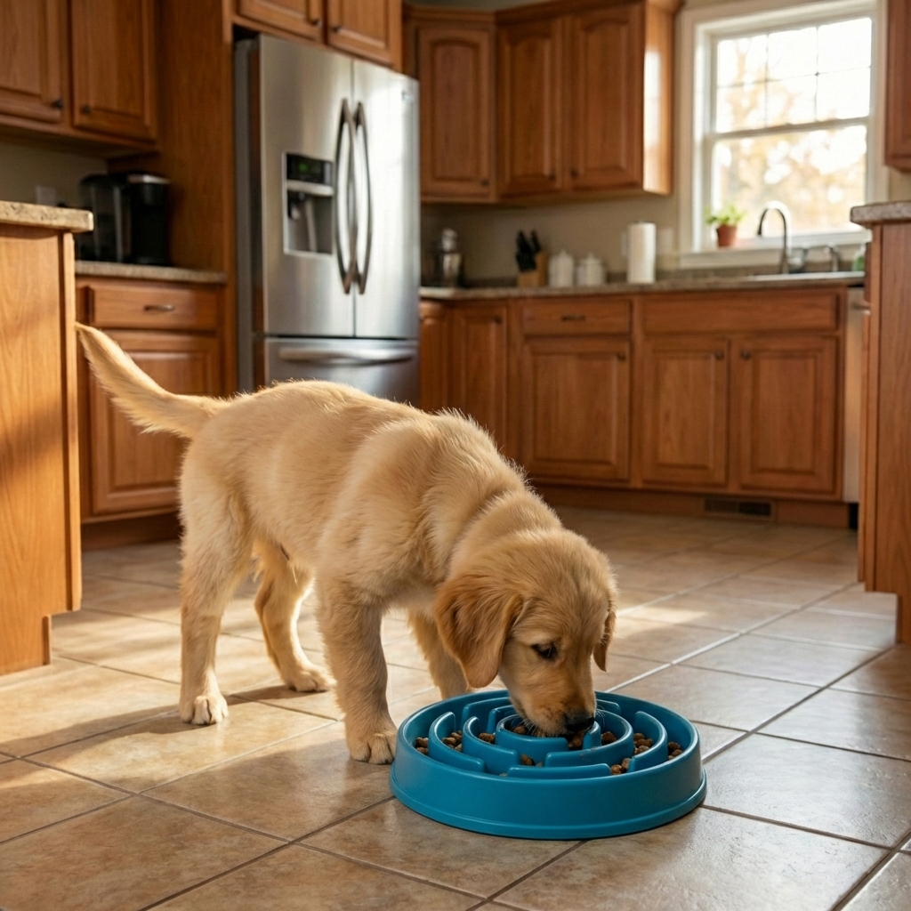 A puppy eating from a slow feeder bowl on a clean floor