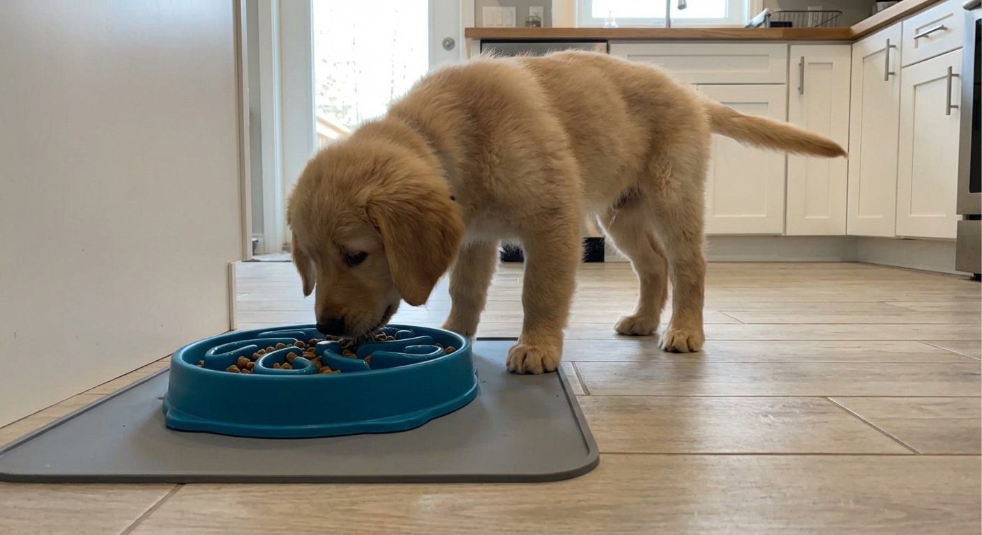 A puppy eating from a slow feeder bowl on a clean kitchen mat