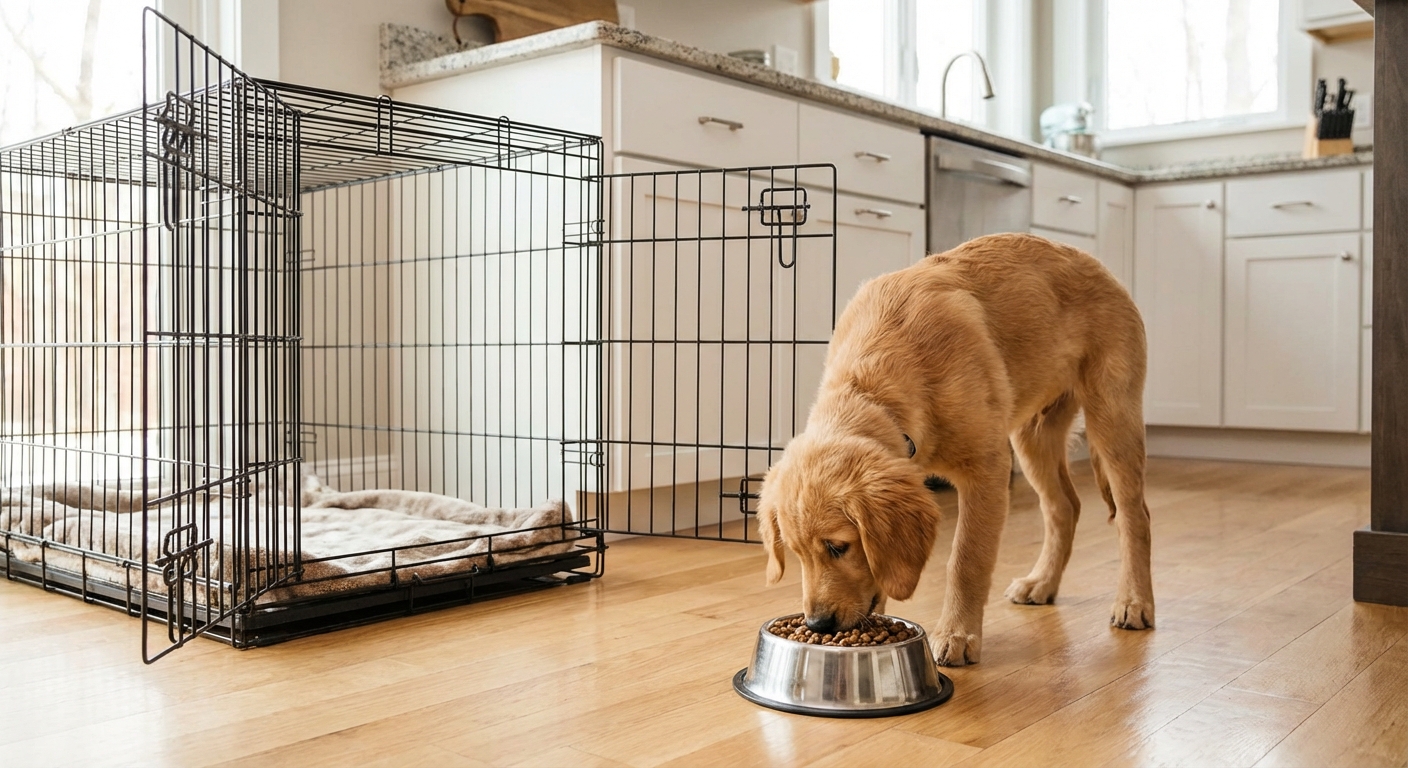 A puppy eating kibble from a bowl next to an open crate in a kitchen