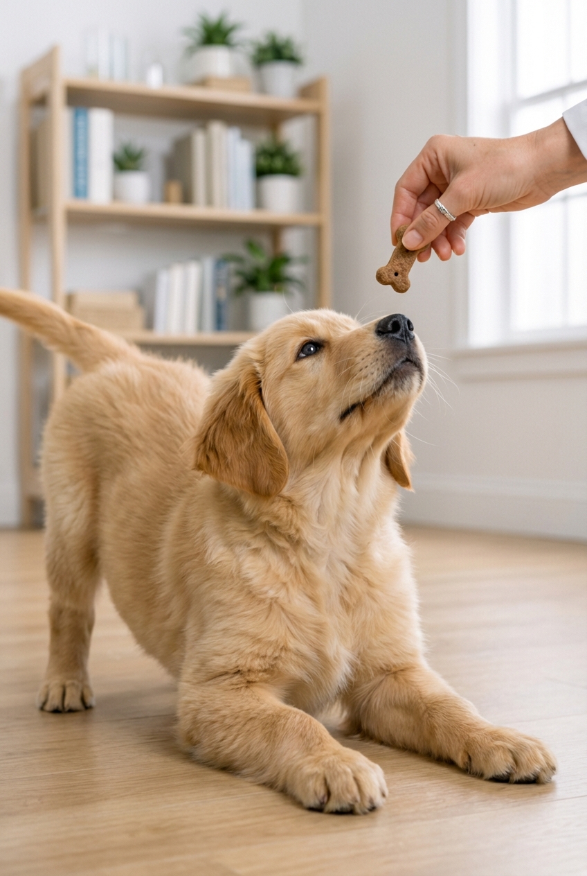 A puppy following a treat held just above its nose while its rear lowers toward the floor