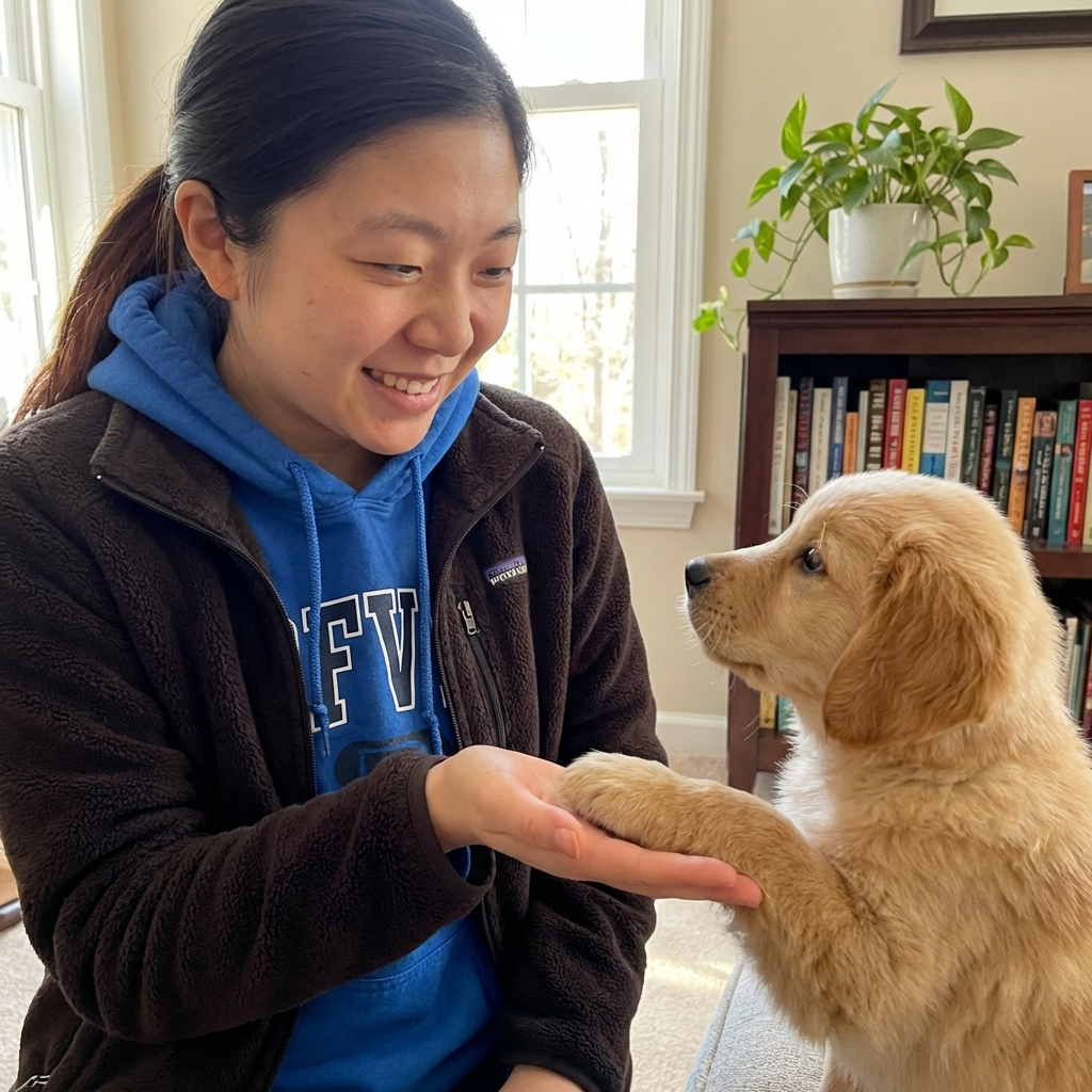 A puppy gently touching a person’s open palm indoors