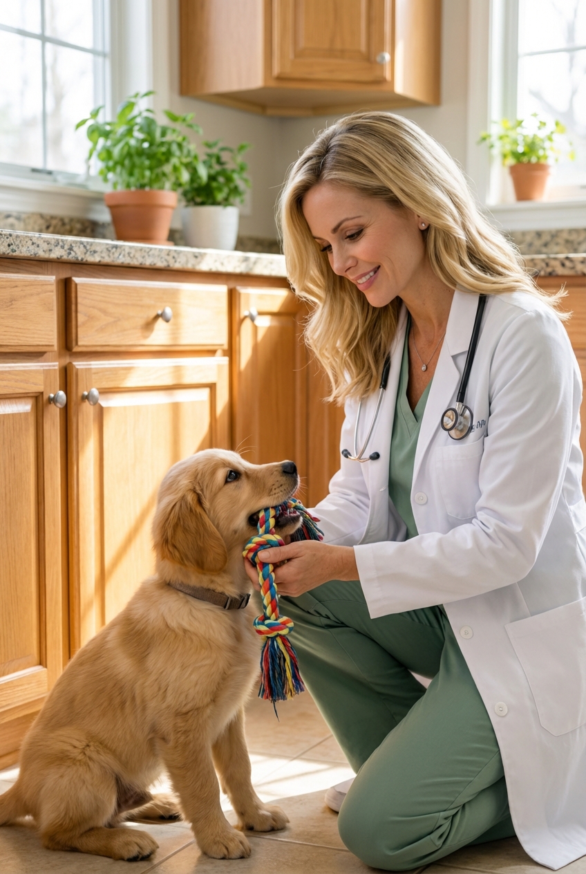 A puppy holding a rope toy while a person offers gentle praise in a bright kitchen