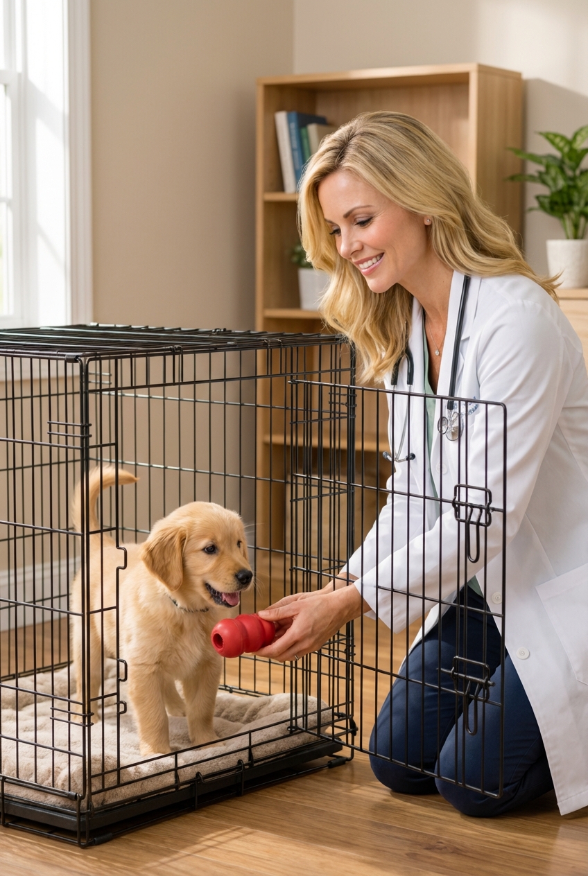 A puppy in a crate with the door open while a person places a chew toy inside