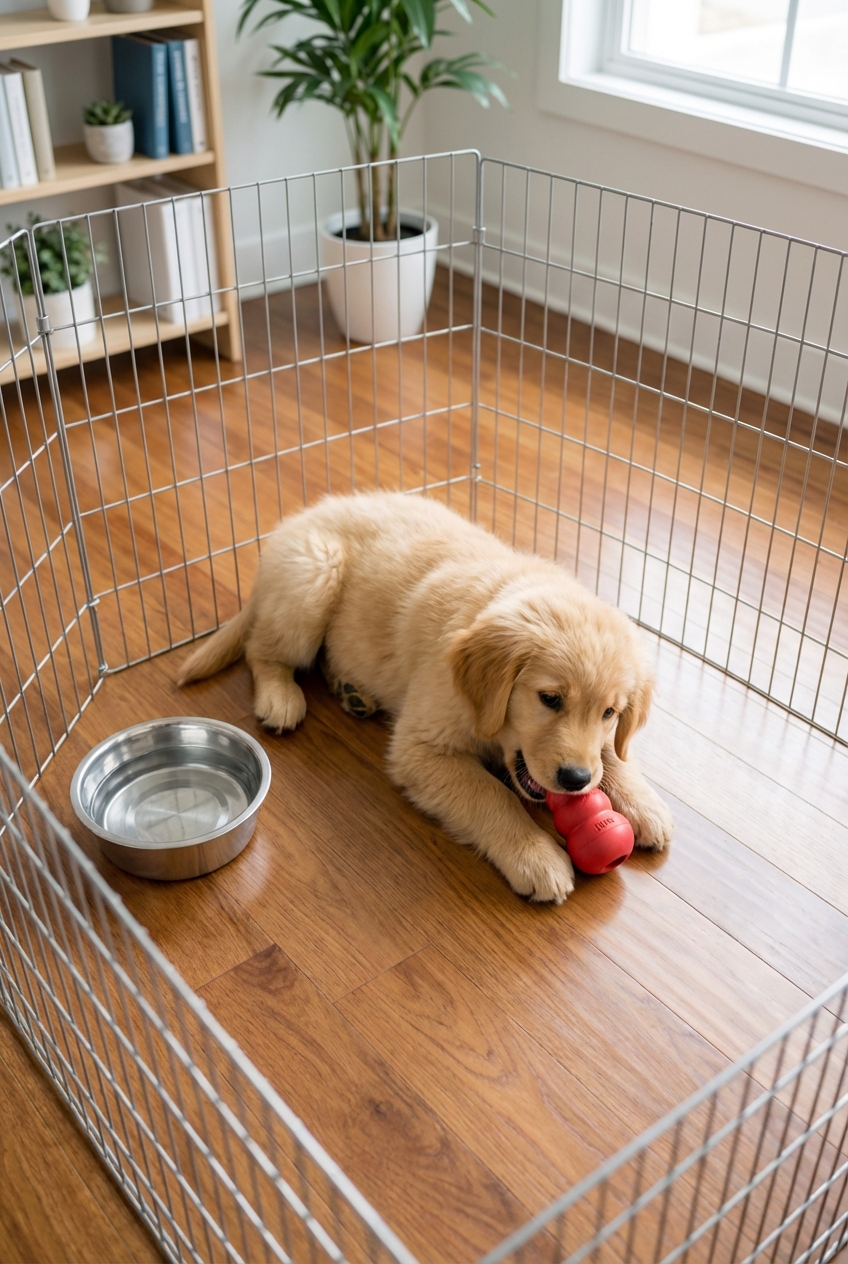 A puppy in a playpen with a water bowl and a chew toy on a clean floor